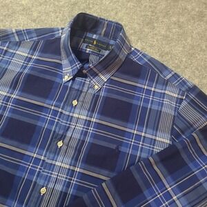 Ralph Lauren Button Down Shirt Mens XL Blue Plaid Classic Fit Cotton‎ Stretch